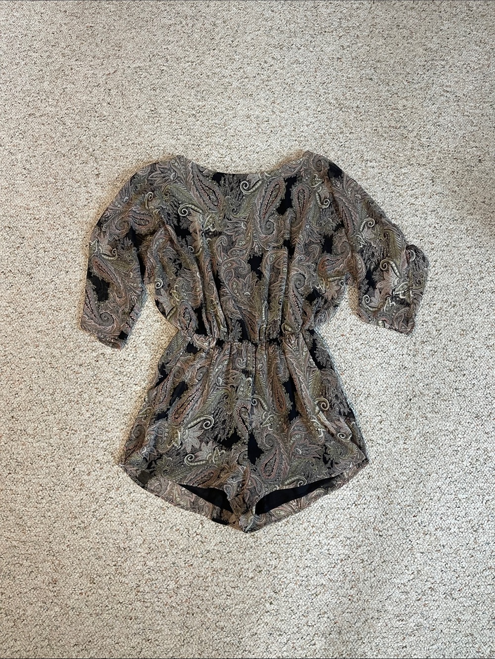 Carmela Paisley Cinched-Waist Romper in Black and Taupe